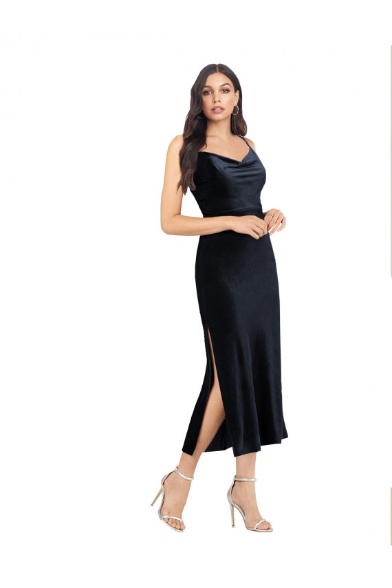 Best Stretch Velvet Cowl Neck Sleeveless Low Back Midi Length Formal Evening Dress Canada