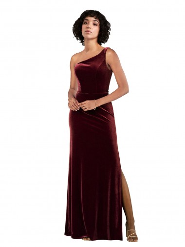 Best Stretch Velvet One Shoulder Sleeveless Burgundy Long Formal Evening Dress Canada