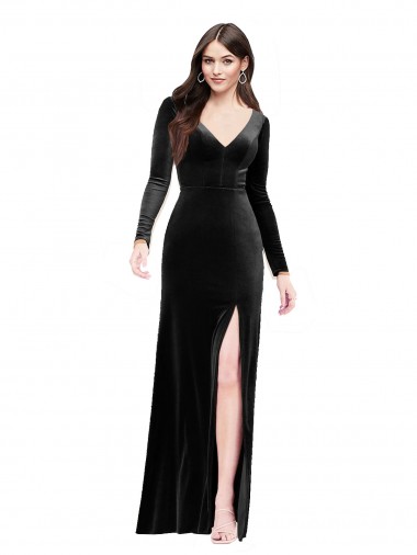 Best Stretch Velvet V-Neck Long Sleeves V-Back Long Formal Evening Dress Canada