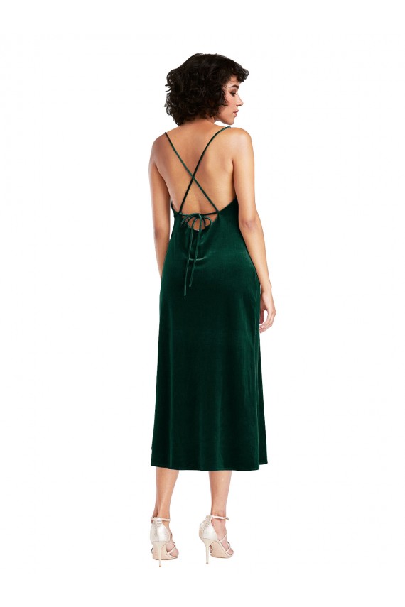 Best Stretch Velvet Cowl Neck Sleeveless Open Back Midi Length Black Tie Evening Dress Canada