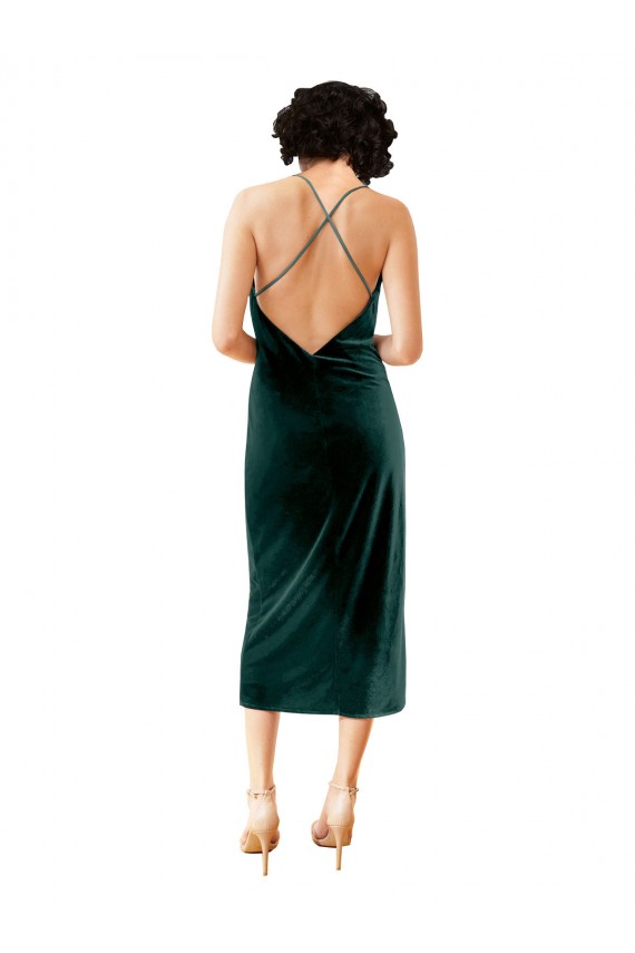 Best Stretch Velvet Spaghetti Straps Sleeveless Open Back Midi Length Formal Dress Canada
