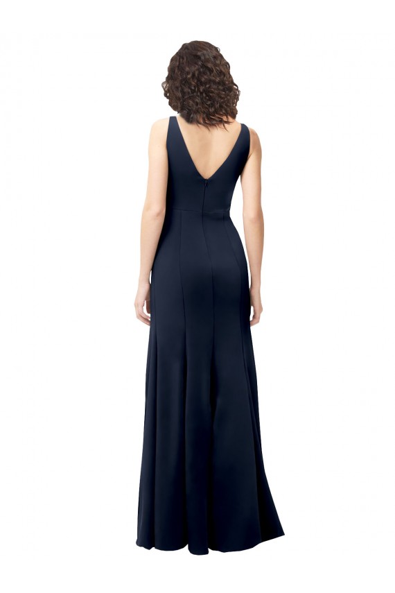 Best Stretch Crepe V-Neck Sleeveless V-Back Dark Navy Long Formal Dress Canada