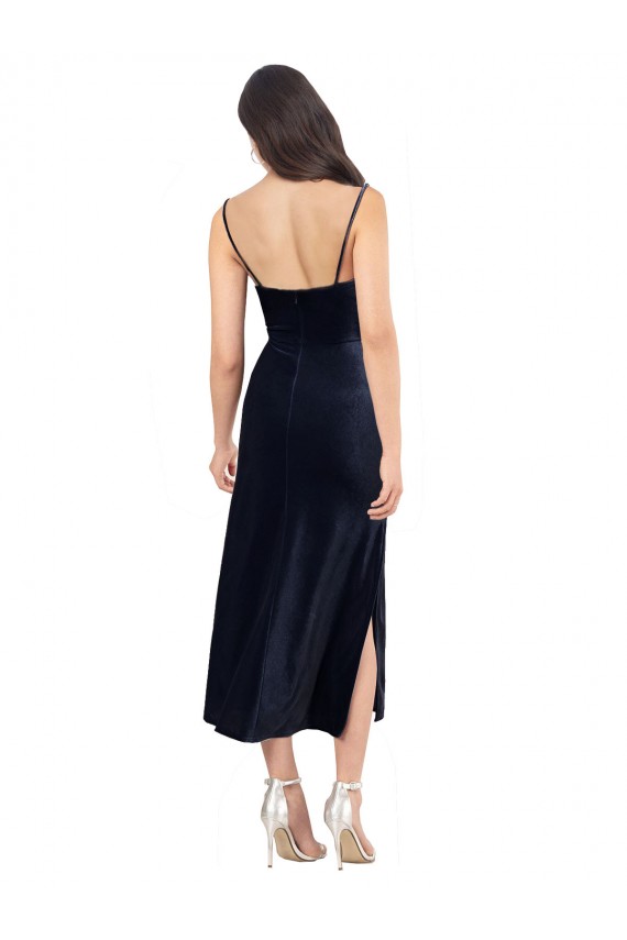 Best Stretch Velvet Cowl Neck Sleeveless Low Back Midi Length Formal Evening Dress Canada
