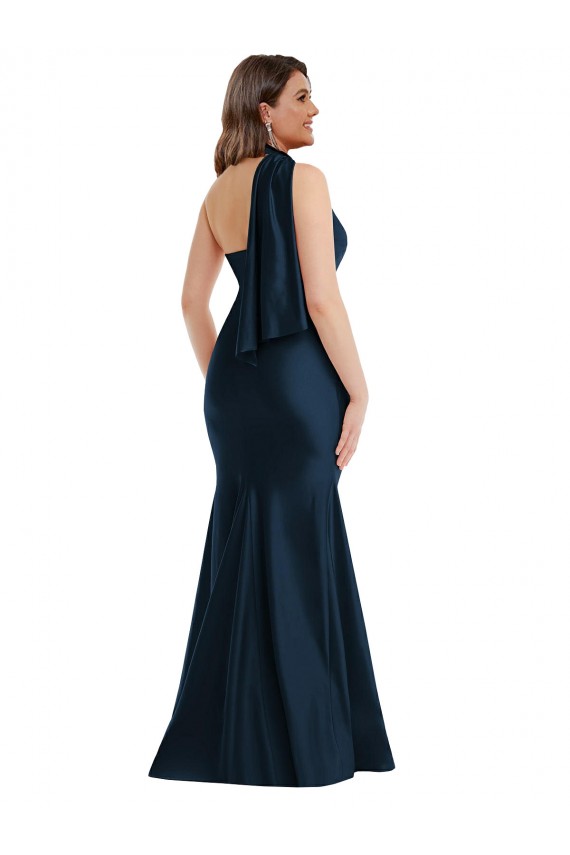Best Silky Satin One Shoulder Sleeveless Dark Navy Long Formal Plus Size Evening Dress Canada