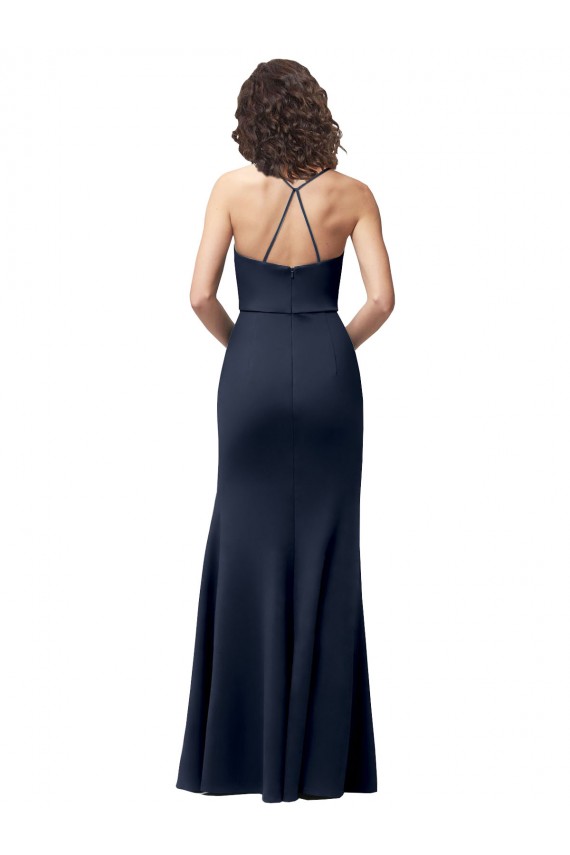 Best Stretch Crepe Spaghetti Straps Sleeveless Open Back Dark Navy Long Formal Evening Dress Canada