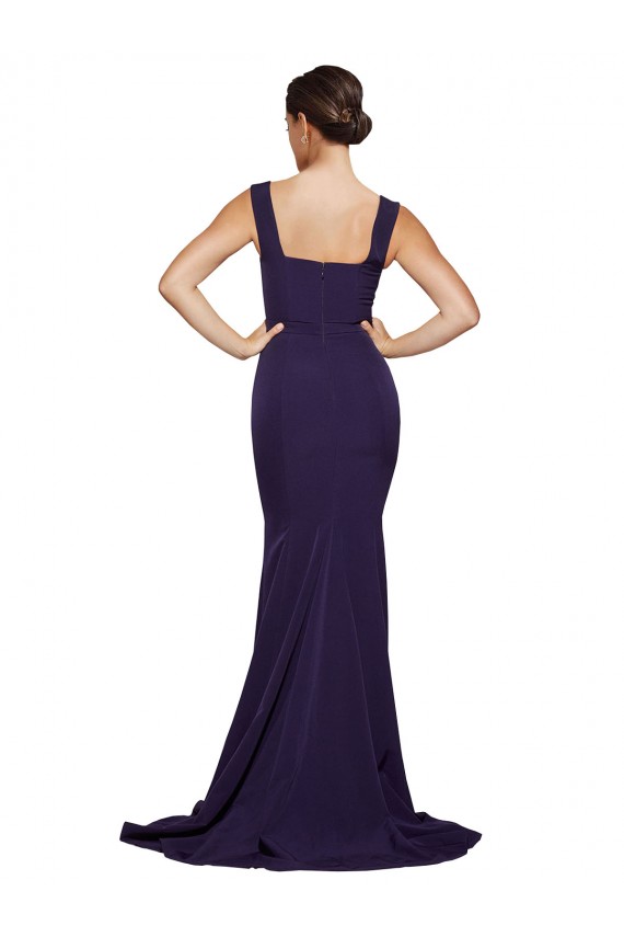 Best Stretch Crepe Square Neck Sleeveless Dark Navy Sweep Train Semi Formal Evening Dress Canada