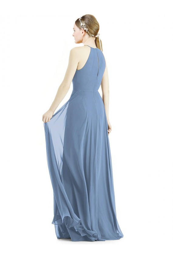 Best Soft Chiffon Halter Neck Sleeveless Dusty Blue Long Semi Formal Evening Dress Canada
