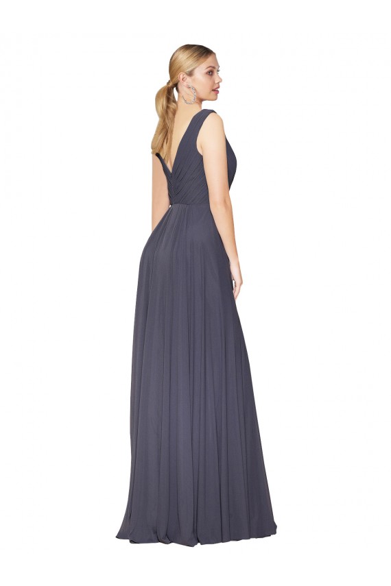 Best Soft Chiffon V-Neck Sleeveless V-Back Dusty Blue Long Formal Evening Dress Canada