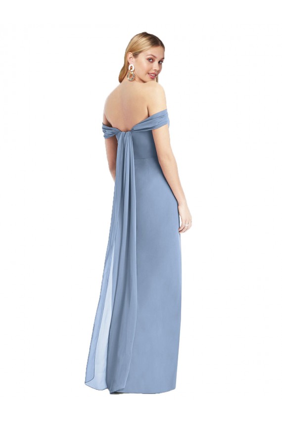 Best Soft Chiffon Off the Shoulder Sleeveless Low Back Dusty Blue Long Semi Formal Evening Dress Canada