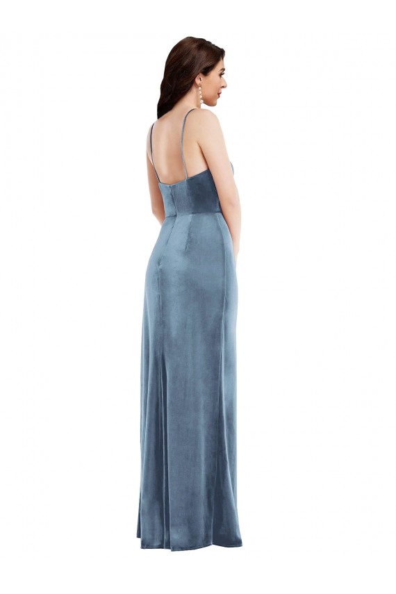 Best Stretch Velvet Spaghetti Straps Sleeveless Low Back Dusty Blue Long Formal Evening Dress Canada