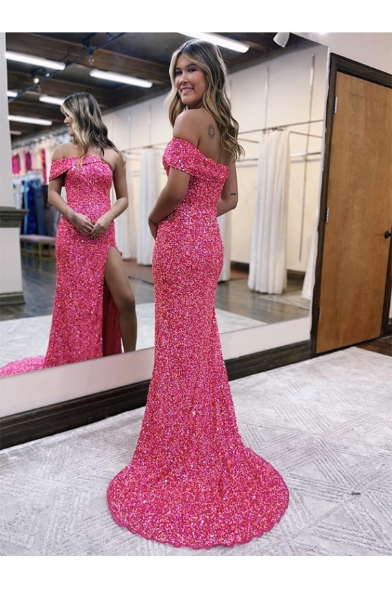 Best Velvet Sequin One Shoulder Sleeveless Long Sweep Train Evening Dress Canada