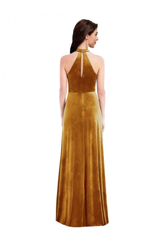 Best Stretch Velvet Halter Neck Sleeveless Keyhole Back Long Semi Formal Evening Dress Canada