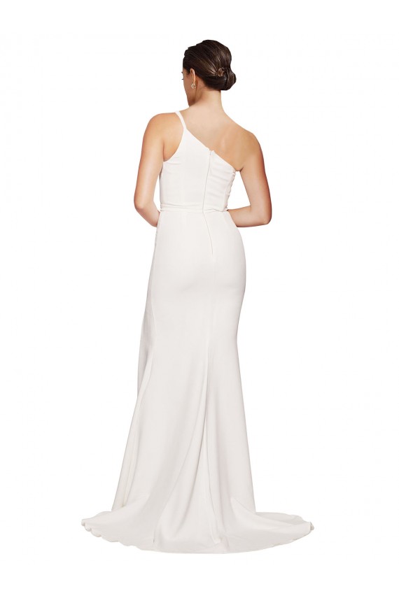 Best Stretch Crepe One Shoulder Sleeveless Ivory Sweep Train Semi Formal Evening Dress Canada