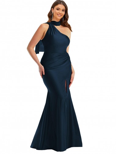 Best Silky Satin One Shoulder Sleeveless Dark Navy Long Formal Plus Size Evening Dress Canada