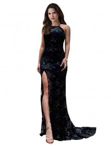 Best Lace High Neck Sleeveless Open Back Long Black Tie Evening Dress Canada