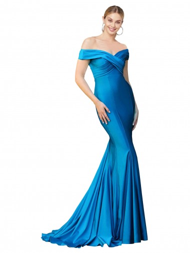 Best Satin Off the Shoulder Sleeveless Peacock Blue Long Formal Evening Dress Canada