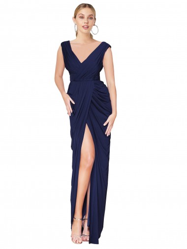 Best Soft Chiffon V-Neck Sleeveless V-Back Dark Navy Long Formal Evening Dress Canada