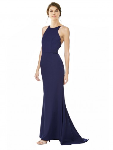 Best Stretch Crepe Halter Neck Sleeveless Open Back Navy Blue Long Formal Evening Dress Canada
