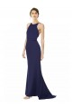 Best Stretch Crepe Halter Neck Sleeveless Open Back Navy Blue Long Formal Evening Dress Canada