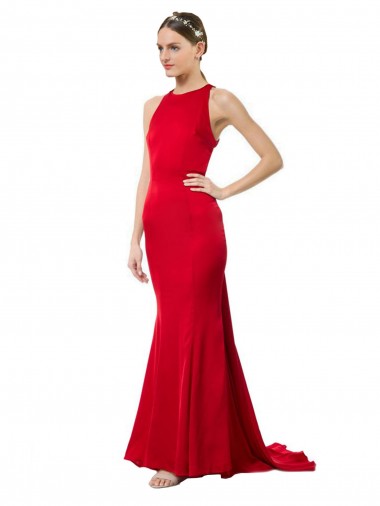 Best Stretch Crepe Halter Neck Sleeveless Open Back Long Formal Evening Gown Canada