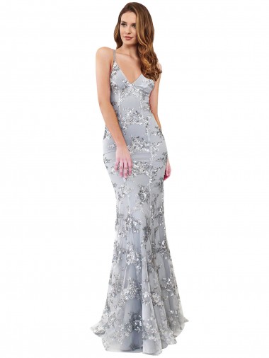 Best Stretch Crepe & Sequin Tulle V-Neck Sleeveless Open Back Silver Long Formal Evening Dress Canada