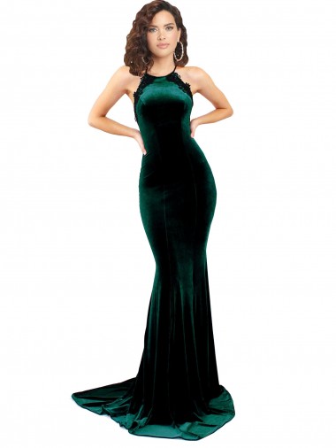 Best Stretch Velvet High Neck Sleeveless Open Back Sweep Train Formal Evening Dress Canada