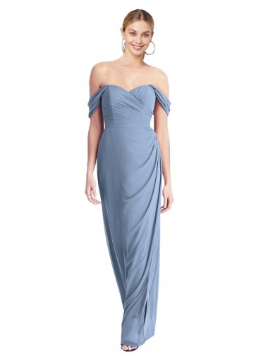 Best Soft Chiffon Off the Shoulder Sleeveless Low Back Dusty Blue Long Semi Formal Evening Dress Canada