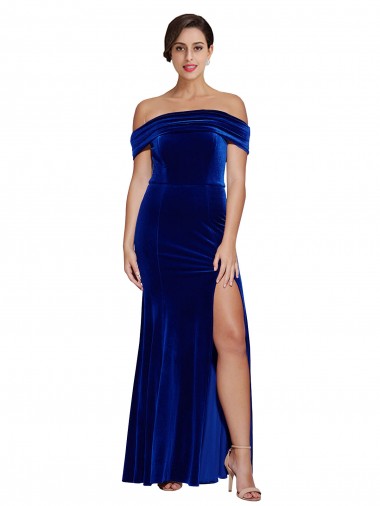 Best Stretch Velvet Off the Shoulder Sleeveless Royal Blue Long Formal Evening Dress Canada