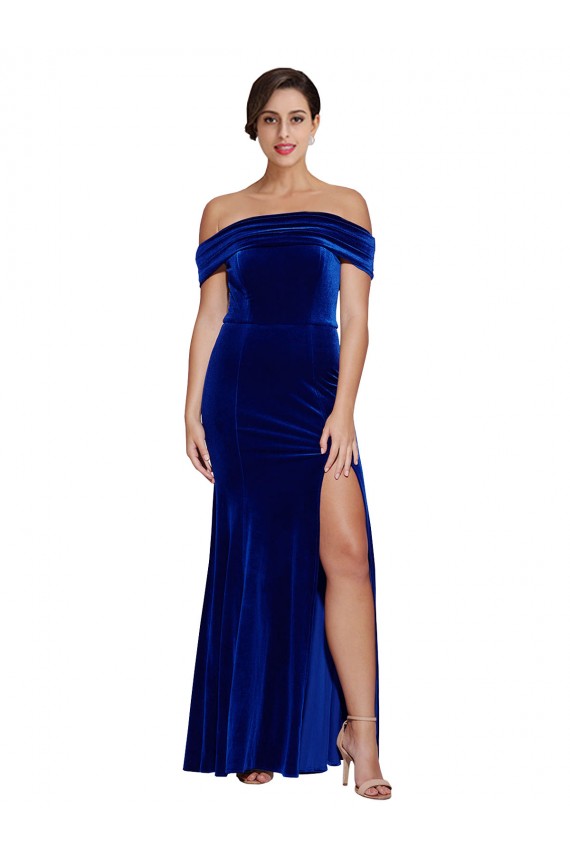 Best Stretch Velvet Off the Shoulder Sleeveless Royal Blue Long Formal Evening Dress Canada