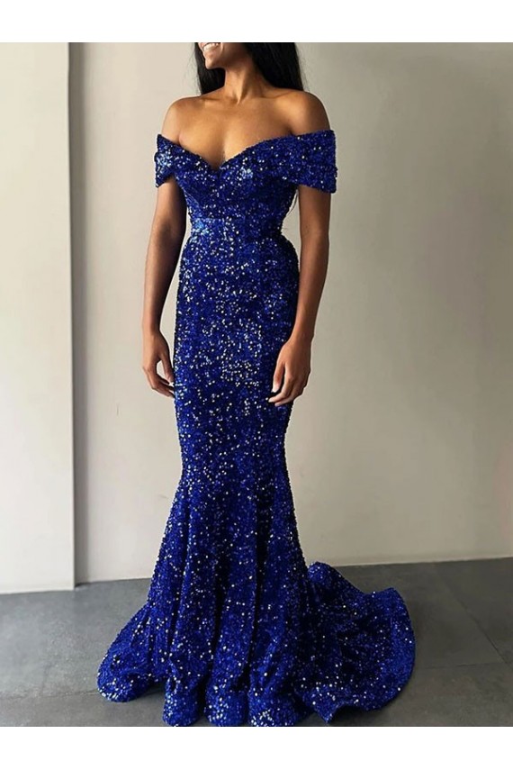 Best Velvet Sequin Off the Shoulder Sleeveless Sweep Train Evening Dresses Canada
