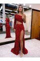Best Velvet Sequin One Shoulder Long Sleeves Sweep Train Evening Gown Canada