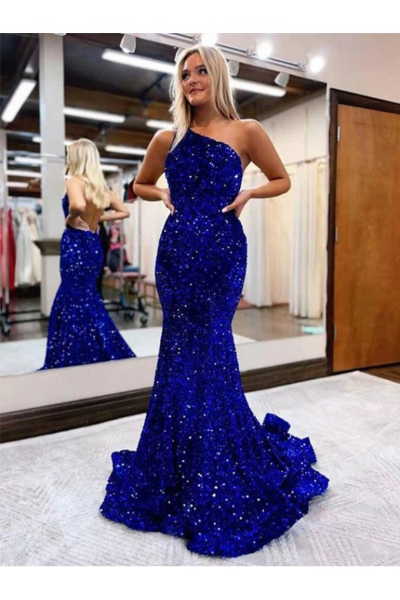 Best Velvet Sequin One Shoulder Sleeveless Sweep Train Long Evening Gown Canada