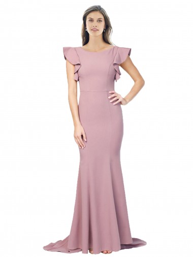 Best Stretch Crepe Round Neck Flutter Sleeves V-Back Sweep Train Formal Evening Dress Canada