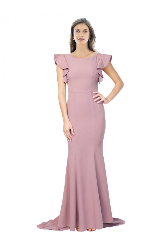 Best Stretch Crepe Round Neck Flutter Sleeves V-Back Sweep Train Formal Evening Dress Canada