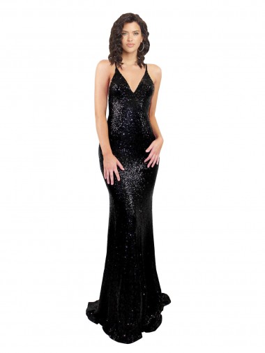 Best Sequin V-Neck Sleeveless Open Back Long Black Tie Evening Dress Canada