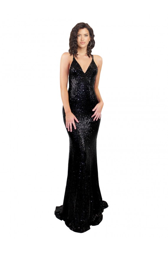 Best Sequin V-Neck Sleeveless Open Back Long Black Tie Evening Dress Canada