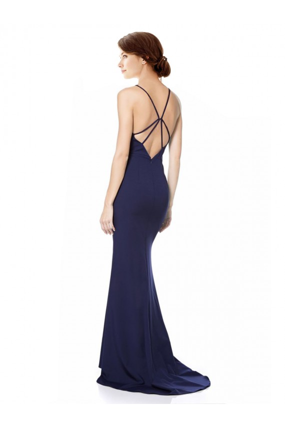 Best Stretch Crepe Halter Neck Sleeveless Open Back Navy Blue Long Formal Evening Dress Canada