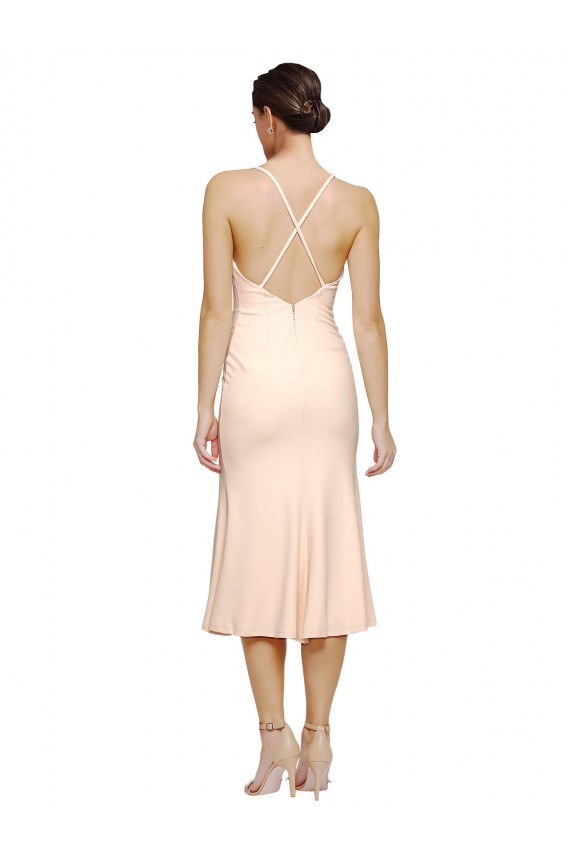 Best Stretch Crepe V-Neck Sleeveless Open Back Midi Length Evening Dress Canada