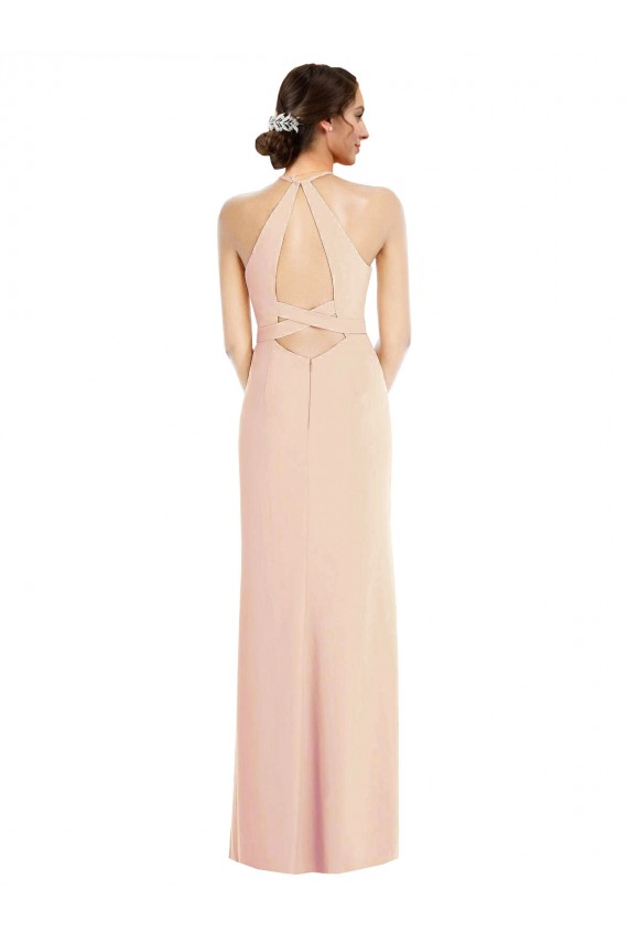 Best Stretch Crepe Halter Neck Sleeveless Open Back Nude Long Formal Evening Dress Canada