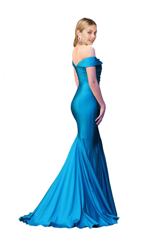 Best Satin Off the Shoulder Sleeveless Peacock Blue Long Formal Evening Dress Canada