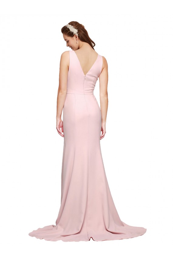 Best Stretch Crepe V-Neck Sleeveless V-Back Pink Sweep Train Black Tie Evening Dress Canada