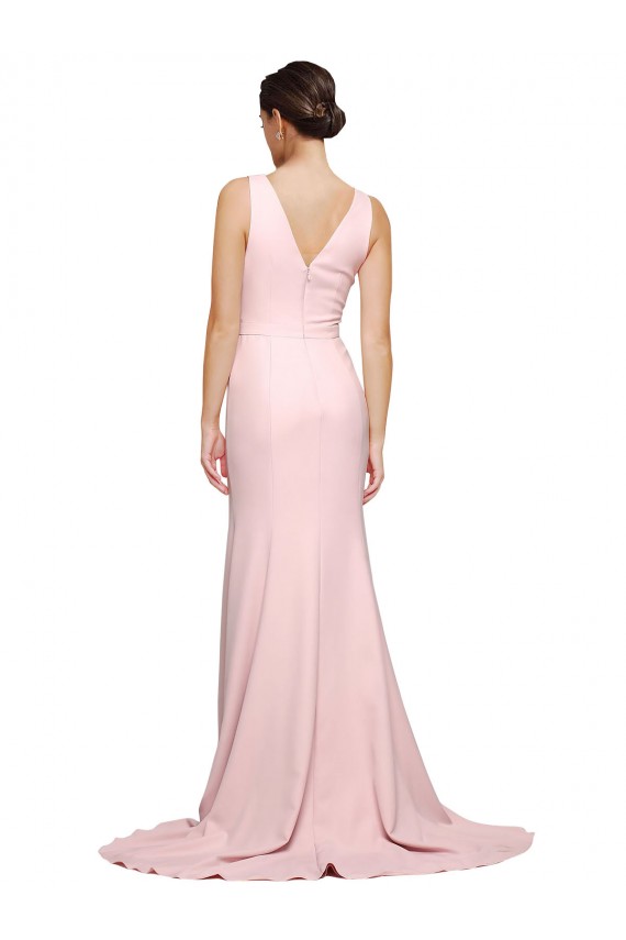 Best Stretch Crepe V-Neck Sleeveless V-Back Sweep Train Semi Formal Evening Dress Canada