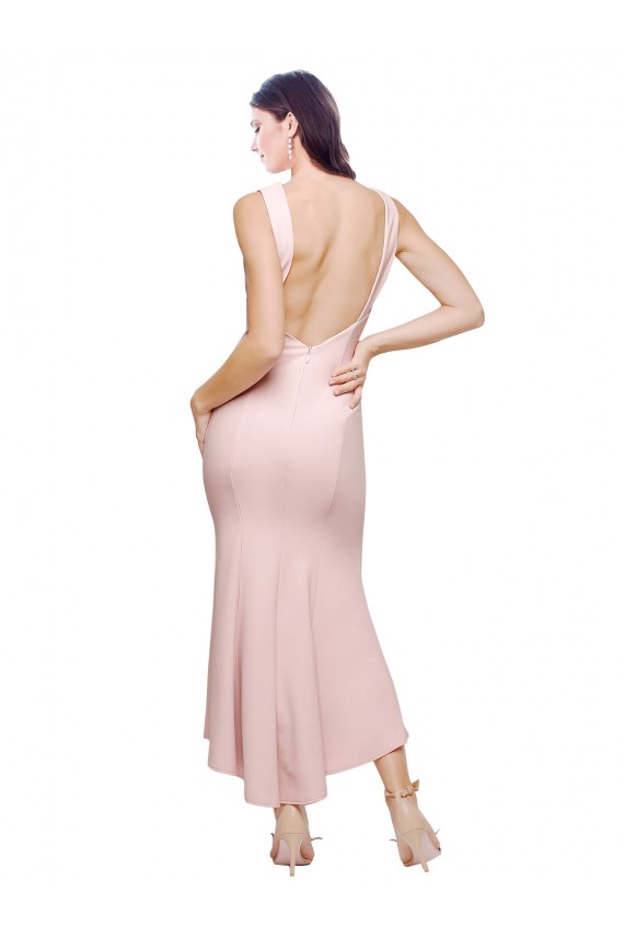 Best Stretch Crepe High Neck Sleeveless Low Back Midi Length High Low Evening Dress Canada