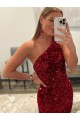 Best Velvet Sequin One Shoulder Sleeveless Sweep Train Evening Dress Canada