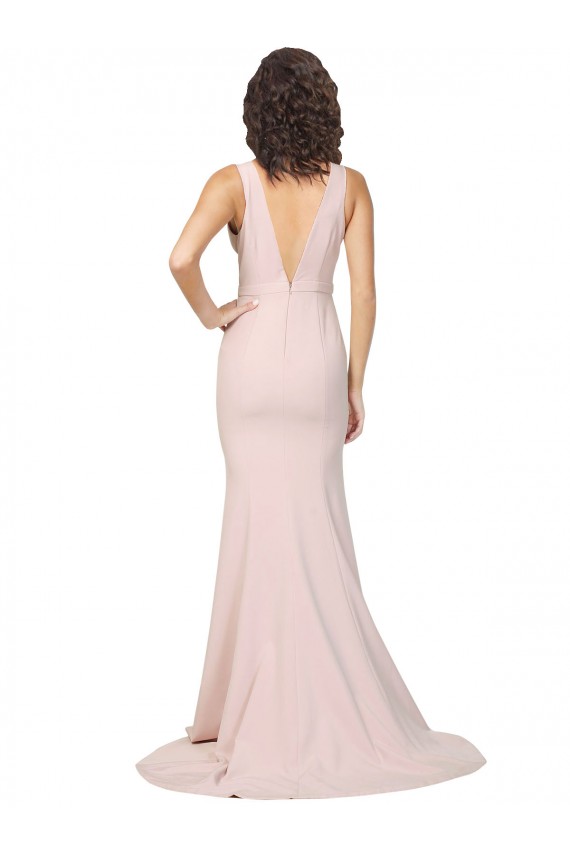 Best Stretch Crepe V-Neck Sleeveless V-Back Sweep Train Black Tie Evening Dress Canada