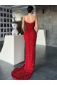 Best Velvet Sequin V-Neck Sleeveless Red Sweep Train Evening Dress Canada