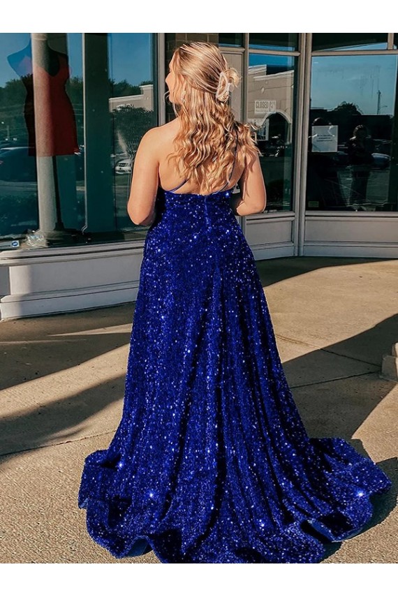 Best Velvet Sequin One Shoulder Sleeveless Sweep Train Evening Gown Canada