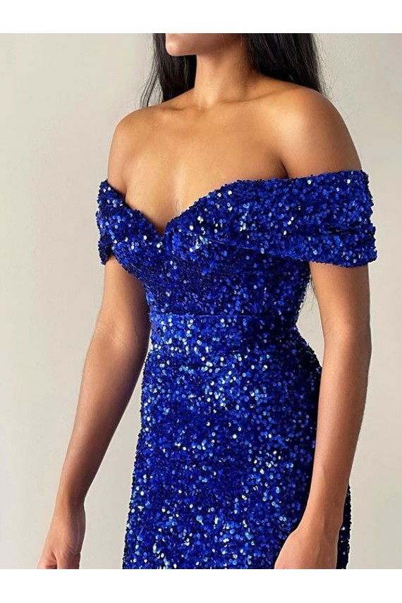 Best Velvet Sequin Off the Shoulder Sleeveless Sweep Train Evening Dresses Canada
