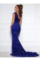 Best Velvet Sequin One Shoulder Sleeveless Court Train Evening Gown Canada