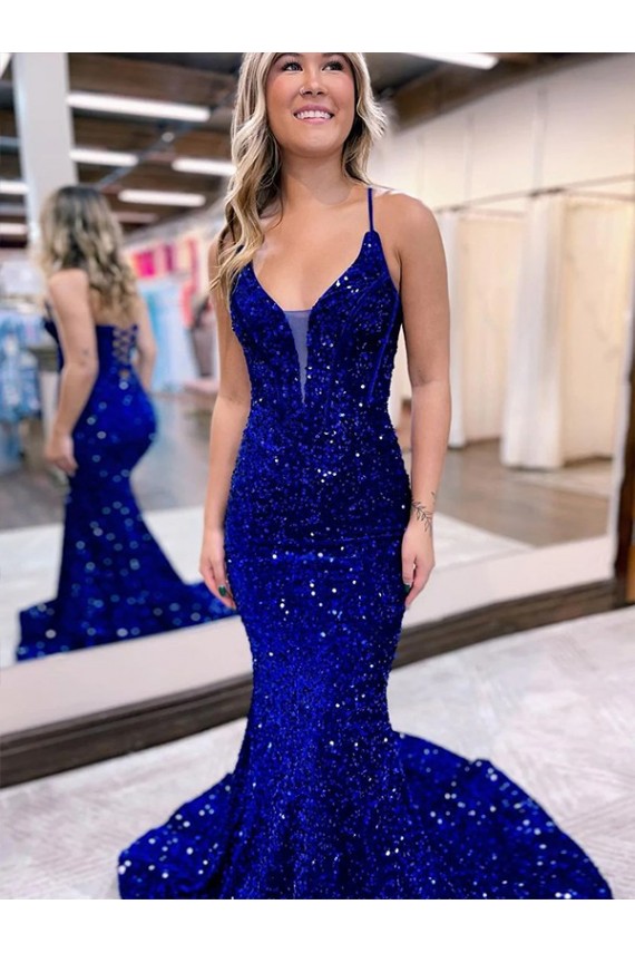 Best Velvet Sequin V-Neck Sleeveless Court Train Evening Dress Canada